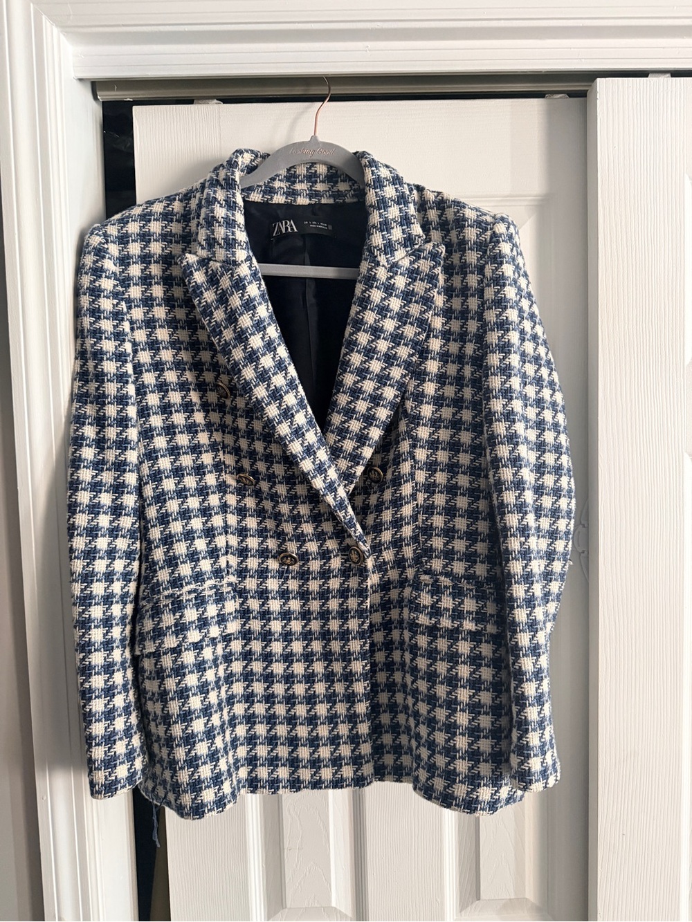 Zara Navy and White Houndstooth Double-Breasted Blazer